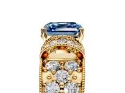 Pave Engagement Ring Setting for Fancy Blue Asscher Cut Center with Curved Accent Rows, Openwork and Prong Head in Yellow Gold