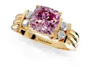 Solitaire Engagement Ring Setting for Fancy Pink Cushion Cut Center with Grooved Bar Accent Band and Prong Head in Yellow Gold