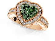Milgrain Halo Engagement Ring Setting for Fancy Green Heart-Shaped Center with Pave Band and Prong Head in Rose Gold
