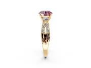 3 Stone Engagement Ring Setting for Fancy Pink Round Cut Center with Pave Split Shank and Prong Head in Yellow Gold