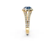 Halo Engagement Ring Setting for Fancy Blue Round Cut Center with Narrow Pave Split Shank and Prong Head in Yellow Gold