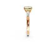 3 Stone Engagement Ring Setting for Fancy Yellow Princess Cut Center with Tapered Baguettes, Plain Band and Prong Head in Rose Gold