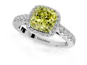 Halo Engagement Ring Setting for Fancy Yellow Cushion Cut Center with Full Pave Band and Prong Head in White Gold