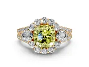 Halo Engagement Ring Setting for Fancy Yellow Cushion Cut Center with Two-Strand Split Shank and Prong Head in Yellow Gold