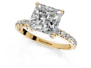 Solitaire Engagement Ring Setting for Princess Cut Center with Micro Pave Band and Prong Head in Yellow Gold