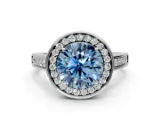 Halo Engagement Ring Setting for Fancy Blue Round Cut Center with Outer Bezel Rim, Pave Band and Prong Head in Platinum