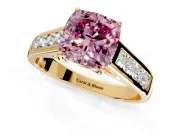 Solitaire Engagement Ring Setting for Fancy Pink Cushion Cut Center with Round Cut Channel Band and Prong Head in Yellow Gold