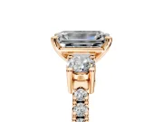 3 Stone Engagement Ring Setting for Emerald Cut Center with Round Cut Side Accents and Prong Head in Rose Gold