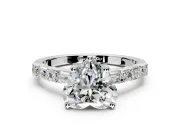 Baguette Engagement Ring Setting for Heart-Shaped Center with Alternating Bar-Set Band and Prong Head in White Gold