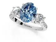 3 Stone Engagement Ring Setting for Fancy Blue Oval Center with Crossover Basket, Pave Band and Prong Head in Sterling Silver