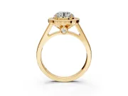 Halo Engagement Ring Setting for Round Cut Center with Outer Bezel Rim, Pave Band and Prong Head in Yellow Gold