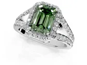 Halo Engagement Ring Setting for Fancy Green Emerald Cut Center with Narrow Pave Split Shank and Prong Head in White Gold