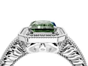 Milgrain Halo Engagement Ring Setting for Fancy Green Radiant Cut Center with Pave Band and Prong Head in White Gold