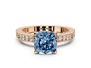 Solitaire Engagement Ring Setting for Fancy Blue Cushion Cut Center with Milgrain-Edged Pave Band and Prong Head in Rose Gold