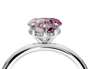 Hidden Halo Engagement Ring Setting for Fancy Pink Heart-Shaped Center with Thin Rounded Band and Prong Head in Platinum