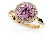 Halo Engagement Ring Setting for Fancy Pink Round Cut Center with Pave and Plain Twist Band and Prong Head in Yellow Gold