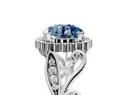 Halo Engagement Ring Setting for Fancy Blue Round Cut Center with Leaf Motif Split Shank and Prong Head in Sterling Silver
