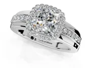 Halo Engagement Ring Setting for Cushion Cut Center with Wide Band, Inlaid Accent Row and Prong Head in White Gold