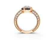 Milgrain Halo Engagement Ring Setting for Emerald Cut Center with Wide Pave Band and Prong Head in Rose Gold
