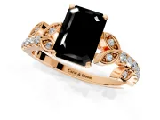 Leaf Motif Engagement Ring Setting for Fancy Black Emerald Cut Center with Pave Band and Prong Head in Rose Gold