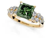 Cluster Engagement Ring Setting for Fancy Green Princess Cut Center with 2-Row Shoulder Clusters and Prong Head in Yellow Gold