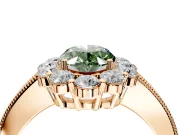 Halo Engagement Ring Setting for Fancy Green Oval Center with Milgrain Channel Band and Prong Head in Rose Gold