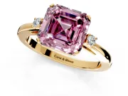 3 Stone Engagement Ring Setting for Fancy Pink Asscher Cut Center with Low-Set Round Cut Accents and Prong Head in Yellow Gold