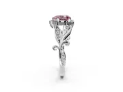 Halo Engagement Ring Setting for Fancy Pink Heart-Shaped Center with Leaf Motif Split Shank and Prong Head in Platinum