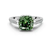 Cathedral Engagement Ring Setting for Fancy Green Cushion Cut Center with Antique-Style Pave Band and Prong Head in Sterling Silver