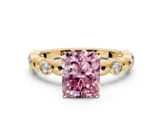 Solitaire Engagement Ring Setting for Fancy Pink Radiant Cut Center with Beaded Bezel Station Band and Prong Head in Yellow Gold