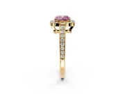 Bezel-Framed Halo Engagement Ring Setting for Fancy Pink Cushion Cut Center with Pave Band and Prong Head in Yellow Gold