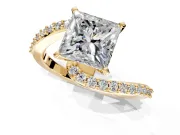 Solitaire Engagement Ring Setting for Princess Cut Center with Pave Bypass Swirl Band and Prong Head in Yellow Gold