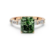 Baguette Engagement Ring Setting for Fancy Green Radiant Cut Center with Alternating Bar-Set Band and Prong Head in Rose Gold