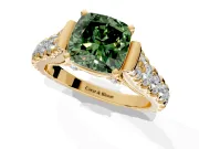 Solitaire Engagement Ring Setting for Fancy Green Cushion Cut Center with Pave Cathedral Shoulders and Prong Head in Yellow Gold