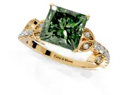 Leaf Motif Engagement Ring Setting for Fancy Green Princess Cut Center with Pave Band and Prong Head in Yellow Gold