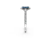 Halo Engagement Ring Setting for Fancy Blue Emerald Cut Center with Full Pave Band and Prong Head in Platinum