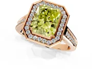 Halo Engagement Ring Setting for Fancy Yellow Radiant Cut Center with Outer Bezel Rim, Pave Band and Prong Head in Rose Gold