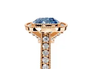 Halo Engagement Ring Setting for Fancy Blue Cushion Cut Center with Milgrain Pave Band and Bezel Head in Rose Gold