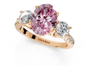 3 Stone Engagement Ring Setting for Fancy Pink Oval Center with Crossover Basket, Pave Band and Prong Head in Rose Gold