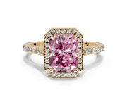 Halo Engagement Ring Setting for Fancy Pink Radiant Cut Center with Pave Accents, Heart Basket and Prong Head in Yellow Gold