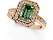 Halo Engagement Ring Setting for Fancy Green Emerald Cut Center with Milgrain Halo, Pave Band and Prong Head in Rose Gold