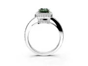 Halo Engagement Ring Setting for Fancy Green Radiant Cut Center with Metal-Rimmed Halo, Pave Band and Prong Head in Platinum