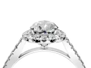 Halo Engagement Ring Setting for Pear-Shaped Center with Narrowing Pave Band and Prong Head in White Gold