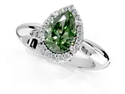 Halo Engagement Ring Setting for Fancy Green Pear-Shaped Center with Tapered Plain Band and Prong Head in Sterling Silver