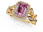 Halo Engagement Ring Setting for Fancy Pink Emerald Cut Center with Leaf Motif Split Shank and Prong Head in Yellow Gold
