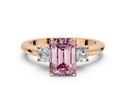 3 Stone Engagement Ring Setting for Fancy Pink Emerald Cut Center with Wide Plain Band and Prong Head in Rose Gold