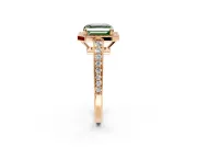 Bezel-Framed Halo Engagement Ring Setting for Fancy Green Asscher Cut Center with Pave Band and Prong Head in Rose Gold