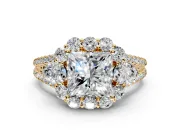 Halo Engagement Ring Setting for Princess Cut Center with Two-Strand Split Shank and Prong Head in Yellow Gold
