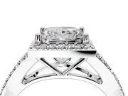 Halo Engagement Ring Setting for Princess Cut Center with Pave Split Shank and Prong Head in Platinum