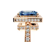 Halo Engagement Ring Setting for Fancy Blue Emerald Cut Center with Metal-Rimmed Halo, Pave Band and Prong Head in Rose Gold